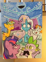 Size: 750x1000 | Tagged: safe, artist:shuffle001, snails, snips, spike, trixie, twilight sparkle, pony, unicorn, boast busters, g4, traditional art, trixie's fans