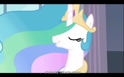 Size: 1680x1050 | Tagged: safe, screencap, princess celestia, alicorn, pony, g4, sweet and elite, eyes closed, female, mare, youtube caption