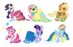 Size: 1004x645 | Tagged: safe, artist:shuffle001, applejack, fluttershy, pinkie pie, rainbow dash, rarity, twilight sparkle, earth pony, pegasus, pony, unicorn, g4, clothes, dress, female, gala dress, mane six, simple background