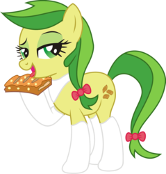 Size: 1672x1751 | Tagged: safe, artist:leopurofriki, apple fritter, earth pony, pony, g4, apple family member, apple fritter (food), bedroom eyes, clothes, female, food, licking, looking at you, mare, simple background, solo, stockings, tongue out, transparent background, vector