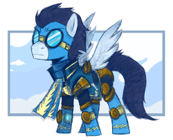 Size: 671x541 | Tagged: dead source, safe, artist:theziminvader, soarin', pegasus, pony, g4, armor, clothes, goggles, male, scarf, solo, stallion, wonderbolts uniform
