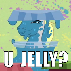 Size: 400x400 | Tagged: safe, edit, edited screencap, screencap, hugh jelly, pony, g4, hearts and hooves day (episode), season 2, abstract background, cropped, faic, food, hearts and hooves day, image macro, jelly, male, meme, solo, stallion, the perfect stallion, u jelly?