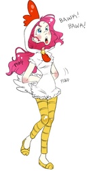 Size: 480x873 | Tagged: safe, artist:zoe-productions, pinkie pie, chicken, human, g4, animal costume, chicken pie, chicken suit, clothes, costume, female, halloween, holiday, humanized, nightmare night, simple background, solo, white background