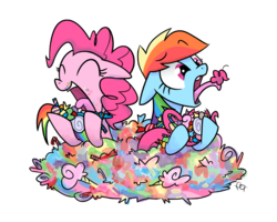 Size: 1080x864 | Tagged: safe, artist:yikomega, pinkie pie, rainbow dash, g4, candy, female, tongue out