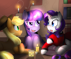 Size: 2400x2000 | Tagged: safe, artist:spittfireart, applejack, rarity, twilight sparkle, earth pony, firefly (insect), pony, unicorn, g4, look before you sleep, candle, clothes, golden oaks library, high res, magic, robe