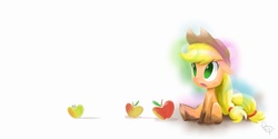 Size: 1008x504 | Tagged: safe, artist:yikomega, applejack, earth pony, pony, g4, apple, female, filly, obligatory apple, solo, younger
