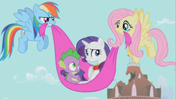 Size: 853x480 | Tagged: safe, screencap, fluttershy, rainbow dash, rarity, spike, dragon, pegasus, pony, unicorn, g4, secret of my excess, cape, clothes, female, fire ruby, gem, jewelry, necklace, ruby, torn clothes