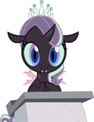 Size: 5000x6475 | Tagged: safe, artist:metatiara, diamond tiara, changeling, g4, absurd resolution, changelingified, cute, desk, diamondbetes, female, jewelry, looking at you, purple changeling, simple background, smiling, solo, species swap, tiara, transparent background