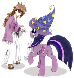 Size: 1080x1143 | Tagged: safe, artist:oddwarg, star swirl the bearded, twilight sparkle, human, pony, friendship is witchcraft, g4, butt, clothes, crossover, kenshin himura, plot, rurouni kenshin