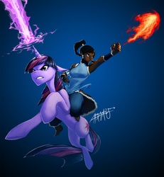 Size: 1389x1506 | Tagged: safe, artist:eosphorite, twilight sparkle, g4, crossover, fire, humans riding ponies, korra, magic, riding, the legend of korra