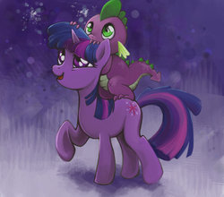 Size: 900x791 | Tagged: dead source, safe, artist:lavendergrey, artist:snufflin, spike, twilight sparkle, dragon, pony, unicorn, g4, dragons riding ponies, duo, female, looking up, male, mare, purple background, raised hoof, riding, simple background, spike riding twilight, unicorn twilight