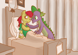 Size: 2480x1748 | Tagged: safe, artist:rannva, apple bloom, spike, dragon, earth pony, pony, g4, dragon on pony action, female, hospital, interspecies, male, mommabloom, older, ponies breeding dragons, pregnant, ship:spikebloom, shipping, straight, teenage spike
