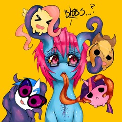 Size: 800x800 | Tagged: safe, artist:slugbox, applejack, dj pon-3, fluttershy, twilight sparkle, vinyl scratch, oc, oc:cteno, g4, blob, simple background, tongue out