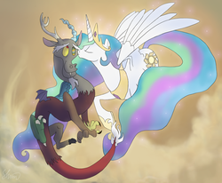 Size: 2943x2426 | Tagged: safe, artist:multiversecafe, discord, princess celestia, alicorn, draconequus, pony, g4, antlers, cloud, cloudy, female, flying, high res, horn, jewelry, kissing, male, regalia, ship:dislestia, shipping, sparkles, straight, wings