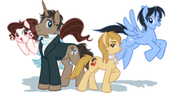 Size: 1000x531 | Tagged: safe, artist:yulyeen, oc, oc only, earth pony, pegasus, unicorn, clothes, dress, earth pony oc, female, flying, group, happy, horn, long tail, looking at you, male, mare, pegasus oc, smiling, stallion, suit, tail, unicorn oc