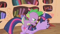 Size: 853x480 | Tagged: safe, edit, edited screencap, screencap, spike, twilight sparkle, dragon, pony, unicorn, g4, book, dragons riding ponies, female, male, mare, riding, yaranaika