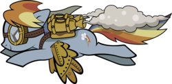 Size: 5501x2698 | Tagged: safe, artist:mowza2k2, rainbow dash, pegasus, pony, g4, amputee, artificial wings, augmented, female, goggles, jetpack, mare, mechanical wing, prosthetic limb, prosthetic wing, prosthetics, simple background, smoke, solo, steampunk, transparent background, wings