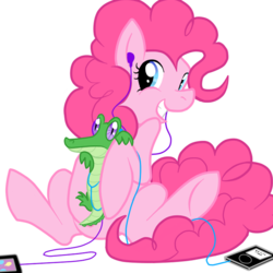 Size: 643x643 | Tagged: safe, artist:perfectpinkwater, gummy, pinkie pie, earth pony, pony, g4, cellphone, earbuds, female, headphones, ipod, mare, phone, pinkie pie's cutie mark, sharing headphones, simple background, transparent background