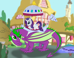 Size: 900x709 | Tagged: safe, artist:saber-scorpion, rarity, spike, dragon, pony, unicorn, g4, adult spike, anatomically incorrect, female, gem, incorrect leg anatomy, lidded eyes, looking up, male, mare, older, older spike, ponies riding dragons, prone, rarity riding spike, riding, saddle, ship:sparity, shipping, smiling, straight, tack, wings