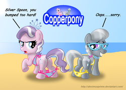 Size: 1280x921 | Tagged: safe, artist:aleximusprime, diamond tiara, silver spoon, earth pony, pony, g4, assisted exposure, beach, bikini, butt, clothes, comic sans, coppertone parody, embarrassed grin, female, filly, foal, glasses, plot, swimsuit, tan lines