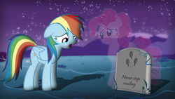 Size: 1920x1080 | Tagged: safe, artist:ryuuichi-shasame, pinkie pie, rainbow dash, ghost, g4, crying, dead, feels, female, grave, gravestone, implied death, needs more jpeg, sad