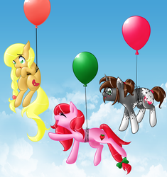 Size: 900x959 | Tagged: safe, artist:magicarin, oc, oc only, oc:sweet melody, earth pony, pony, unicorn, balloon, blushing, day, earth pony oc, eyes closed, floppy ears, horn, looking down, scared, sky, unicorn oc