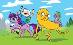 Size: 1429x892 | Tagged: safe, artist:friedavanraevels, spike, twilight sparkle, dragon, human, pony, unicorn, g4, adventure time, crossover, female, finn the human, humans riding ponies, jake the dog, male, mare, riding