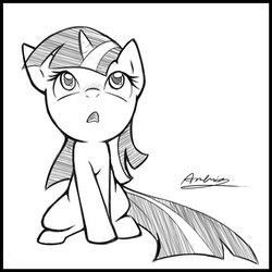 Size: 434x434 | Tagged: safe, artist:ambris, twilight sparkle, pony, unicorn, g4, black and white, female, filly, foal, grayscale, looking up, monochrome, simple background, solo, white background