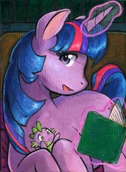Size: 441x600 | Tagged: safe, artist:aokibengal, spike, twilight sparkle, g4, book, magic, traditional art