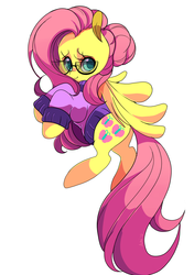 Size: 950x1350 | Tagged: safe, artist:sugaryrainbow, fluttershy, g4, alternate hairstyle, bottomless, clothes, glasses, partial nudity, sweater, sweatershy