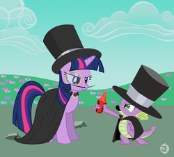 Size: 1441x1300 | Tagged: safe, artist:neodarkwing, spike, twilight sparkle, dragon, pony, unicorn, g4, facial hair, female, hat, male, mare, monocle, moustache, top hat