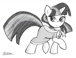 Size: 1638x1236 | Tagged: safe, artist:ambris, twilight sparkle, pony, unicorn, g4, clothes, dress, female, mare, monochrome, pencil drawing, smiling, solo, unicorn twilight