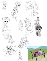 Size: 989x1280 | Tagged: safe, artist:furseiseki, spike, twilight sparkle, dragon, pony, unicorn, g4, apple, bench, book, cd-i, cuddling, dunce hat, duo, female, food, hat, headstand, horn, horn impalement, male, mare, meme, newspaper, ponified meme, simple background, the legend of zelda, unamused, white background