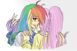 Size: 1122x752 | Tagged: safe, artist:ketsuzoku, fluttershy, rainbow dash, human, g4, blushing, bust, clothes, duo, female, holding hands, humanized, lesbian, long hair, ponytail, ship:flutterdash, shipping, simple background, sweater, sweatershy, white background