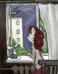 Size: 600x768 | Tagged: safe, artist:agm, oc, oc only, oc:volga pony, earth pony, pony, chest fluff, fan, indoors, looking at something, looking away, looking out the window, looking up, plattenbau, rainbow, russia, sky, smiling, solo, window