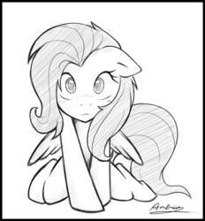 Size: 470x506 | Tagged: safe, artist:ambris, fluttershy, pegasus, pony, g4, blushing, female, floppy ears, front view, full face view, grayscale, looking at you, mare, monochrome, simple background, solo, white background