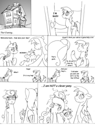 Size: 976x1280 | Tagged: safe, artist:conner cogwork, carrot top, derpy hooves, dinky hooves, golden harvest, pegasus, pony, g4, carrot top's garden, female, mare, monochrome