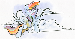 Size: 1256x653 | Tagged: safe, artist:php27, rainbow dash, pegasus, pony, g4, cloud, female, flying, looking at you, smiling, solo, traditional art, watercolor painting