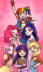 Size: 587x972 | Tagged: safe, artist:courtneygodbey, applejack, fluttershy, pinkie pie, rainbow dash, rarity, twilight sparkle, human, g4, clothes, dress, female, humanized, mane six