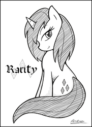 Size: 1856x2560 | Tagged: safe, artist:ambris, rarity, pony, g4, blackletter, female, monochrome, simple background, solo, wet, wet mane, wet mane rarity, white background