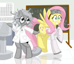 Size: 800x694 | Tagged: safe, artist:dstears, fluttershy, princess luna, pony, moonstuck, g4, bipedal, clothes, crossover, cute, dr adorable, glasses, goggles, lab coat, laboratory, science, science woona, tumblr crossover, woona