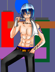 Size: 900x1181 | Tagged: safe, artist:manhunterj, shining armor, human, g4, clothes, humanized, male, muscles, nipples, solo, sweat, tattoo, topless