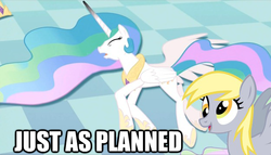 Size: 625x357 | Tagged: safe, edit, edited screencap, screencap, derpy hooves, princess celestia, alicorn, pegasus, pony, a canterlot wedding, g4, my little pony: friendship is magic, duo, duo female, female, image macro, just as planned, mare