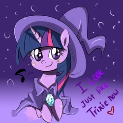 Size: 1000x1000 | Tagged: safe, artist:celine-artnsfw, twilight sparkle, pony, unicorn, g4, :3, cute, dialogue, female, heart, music notes, solo, starry eyes, stars, the great and powerful, the great and powerful twilight, twiabetes, wingding eyes