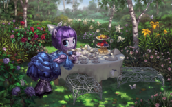 Size: 1920x1200 | Tagged: safe, artist:stupjam, oc, oc only, oc:lulu belle, butterfly, pony, bow, cake, chair, clothes, cottagecore, cup, dress, female, flower, food, garden, looking at you, mare, outdoors, sandwich, saucer, scenery, scenery porn, solo, table, tablecloth, tea, tea party, teapot, tree