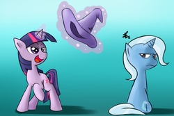 Size: 1500x1000 | Tagged: safe, artist:celine-artnsfw, trixie, twilight sparkle, g4, duo, hat, magic