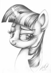 Size: 2155x3086 | Tagged: safe, artist:carlotta-guidicelli, twilight sparkle, pony, g4, bedroom eyes, bust, eyelashes, female, grayscale, high res, monochrome, pencil drawing, portrait, smiling, smug, smuglight sparkle, solo, traditional art