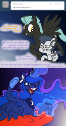 Size: 664x1269 | Tagged: safe, artist:daeternal, princess luna, rumble, thunderlane, alicorn, pegasus, pony, gamer luna, g4, ask, ask-little-rumble, brother, brothers, colt, female, headset, male, mare, stallion, trolling, tumblr, video game