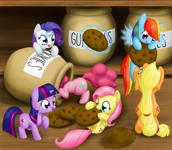 Size: 1000x870 | Tagged: dead source, safe, artist:stardustxiii, applejack, fluttershy, pinkie pie, rainbow dash, rarity, twilight sparkle, earth pony, pegasus, pony, unicorn, g4, bipedal, chibi, cookie, cookie jar, cute, female, flying, food, levitation, magic, mane six, nom, on back, open mouth, raised hoof, smiling, telekinesis, tiny, unicorn twilight