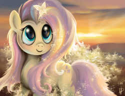 Size: 1920x1481 | Tagged: dead source, safe, artist:rom-art, fluttershy, butterfly, pony, g4, beach, beautiful, blushing, cute, female, flower, flower in hair, glitter, ocean, shining, signature, smiling, solo, sunset, water